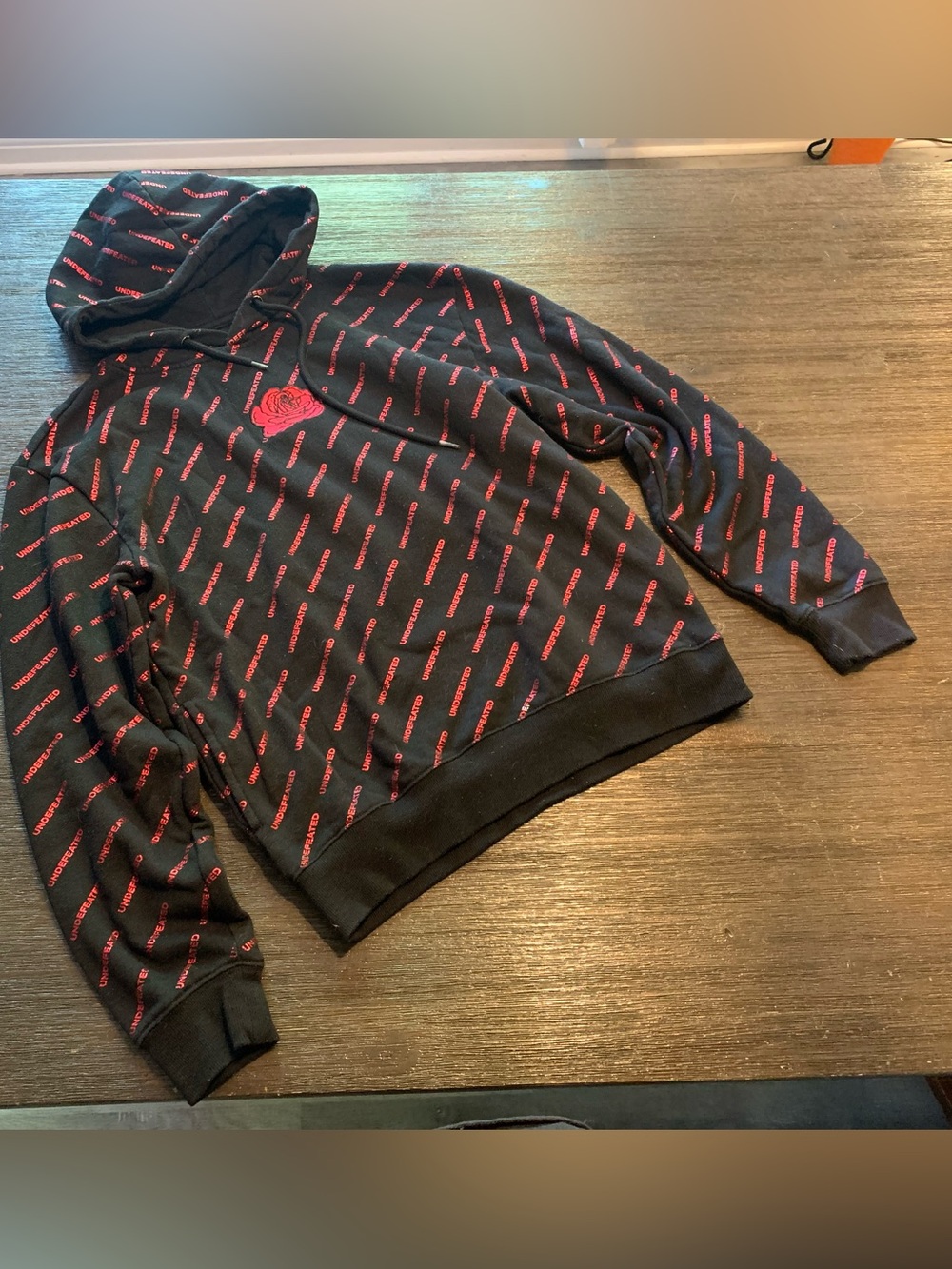 Black Crewneck Hoodie Sweater with Red All-Over Logo Print